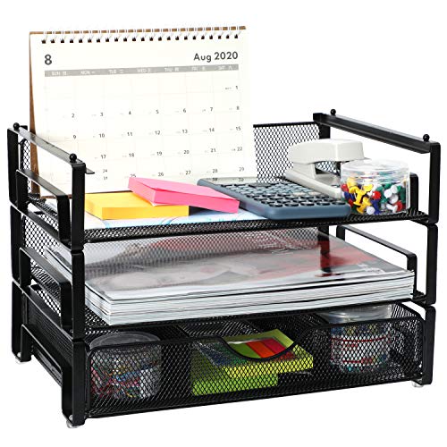 Samstar Stackable Letter Tray, 3 Tier Desk File Organizer Paper Sorter with 1 Extra Drawer Mesh Made,Black - Thumbnail 7