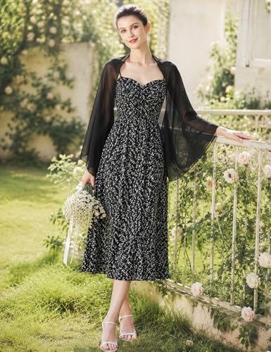 BEAUTELICATE Chiffon Schal Stola Damen Festlich Elegante Schultertuch Bolero Shrug mit Ärmel für Abendkleider Brautkleider Sommer Hochzeit (Schwarz, Einheitsgröße)