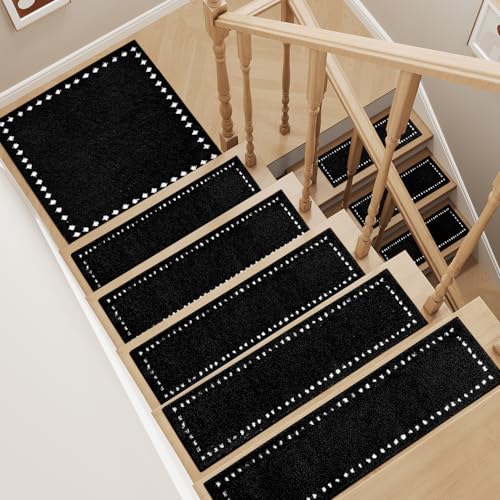 tchdio Stair-Treads Non Slip Indoor, Stair Treads for Wooden Steps 15PC, Soft Carpet Stair Treads, Peel and Stick Stair Treads Reusable Adhesive for Kids and Pets, Washable Stair Runner Blac