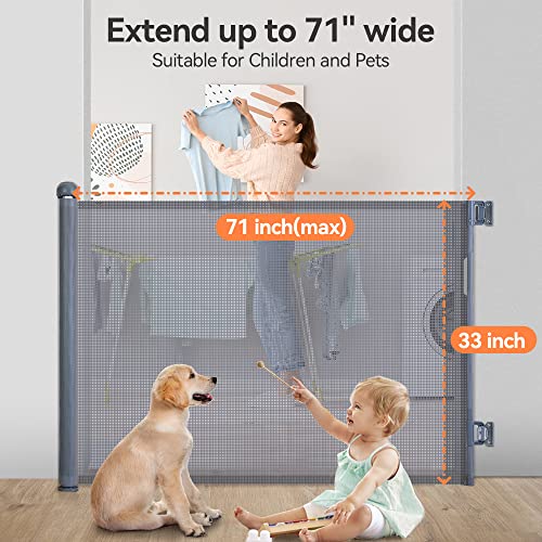 COMOMY Retractable Baby Gate for Stairs 0-180cm Mesh Dog Gate for House Doorways Hallways 84cm Tall Extra Wide Child Safety Gate for Kids Pets Indoor and Outdoor (Grey) - Image 2