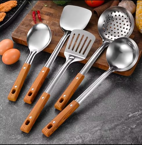 5-Piece Kitchen Utensil Set, Stainless Steel with Wood Handles, Spatula, Ladle, Skimmer Spoon by Generic - Used condition - Image 6