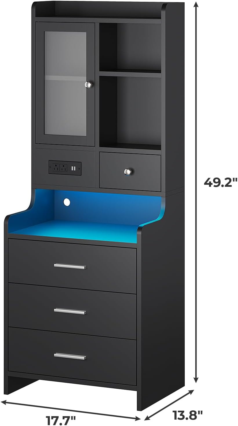 ADORNEVE Tall Night Stand with Charging Station and LED Lights,49.2" Nightstand with Bookshelf, Black Bedside Table with Drawers,End Side Table for Bedrooms