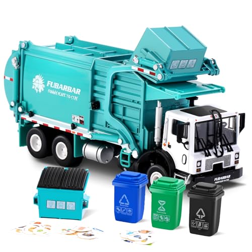FUBARBAR Truck Toy Model – 1:43 Diecast Metal Garbage Recycling Waste Transport Truck with Trash Bin, Pull Back Model Car Toy for Kids 4-6 Age Boys Birthday Gift (Blue)