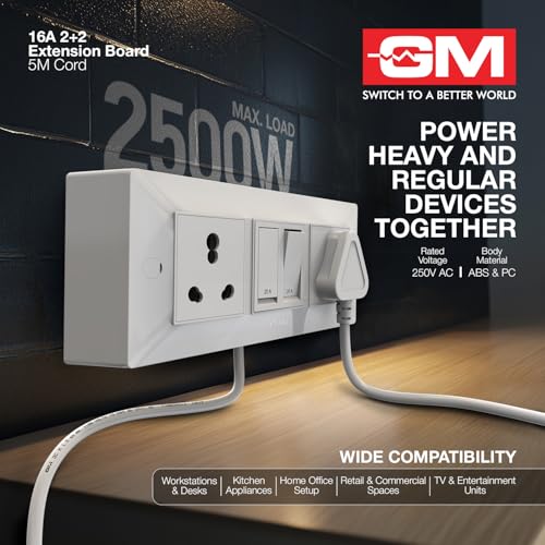 Image of GM Cuba 16A 2+2 Extension Board with 5Mtr Extension Cord, Heavy-Duty Power Strip with Dual 20A Switches, 16A 3-Pin Plug, for High-Power Appliances, Home, Kitchen & Office Use, White