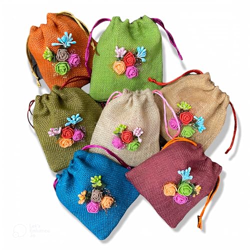 Image of Unisex Colored Jute Potli With Multicolour Flower Jute Linen Potlis | 6 x 5 inches | Gift Bags for Return Gifts Bags| Jute Linen,Burlap