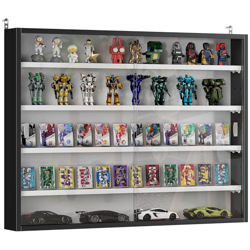 Image of HOMCOM 5-Tier Display Cabinet, Glass Door Cabinet with Adjustable Shelves, Wall-Mounted Display Case for Playroom, Bedroom, Black and White