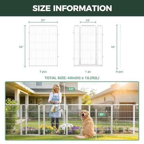 Image of FXW Garden Fence Outdoor for the Yard - 40in(H) x 18.2ft(L) Heavy Duty Metal Animal Barrier for Dog, No Dig Decorative Dog Fence, 8 Panels, White