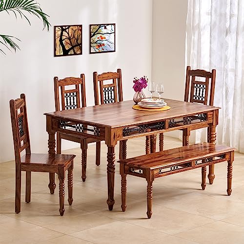 Home Centre Kian Sheesham Wood 6-Seater Dining Set with Chairs and Bench – Brown