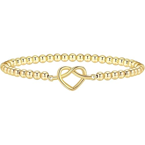 Gold Bracelets for Women 14K Gold Plated Beaded Bracelets Gold Stretch Bead Bracelet Handmade Ball Charm Bracelet Dainty Gold Jewelry Gifts for Women