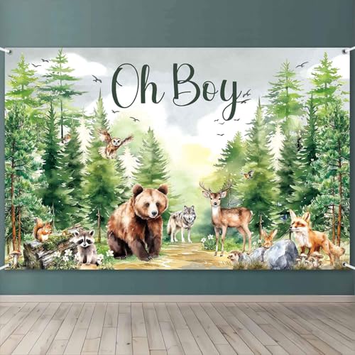 LDWLYW Woodland Animals Baby Shower Decorations Backdrop Woodland Creature Oh Boy Baby Shower Banner Let the Adventure Begin It's a Boy Wood Photography Background Party Decor 5.9x3.8ft