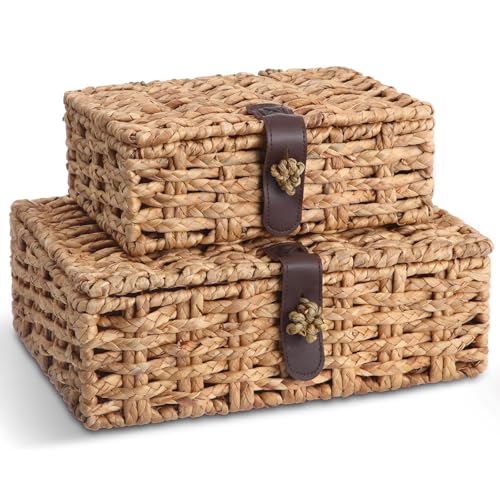 PARAQUIP Set of 2 Decorative Box, Wicker Storage Basket with Lid, Water Hyacinth & Seagrass Woven Decorative Box for Shelf, Coffee Table & Home Organization
