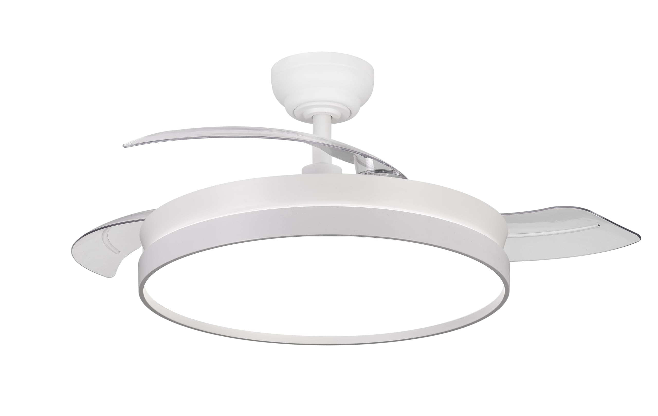 NARVI Ceiling fan white, 3 transparent retractable blades, DC motor 30W, LED light 45W dimmable in intensity and colour (shade), with memory and remote control. REF NANTES 1749 WH