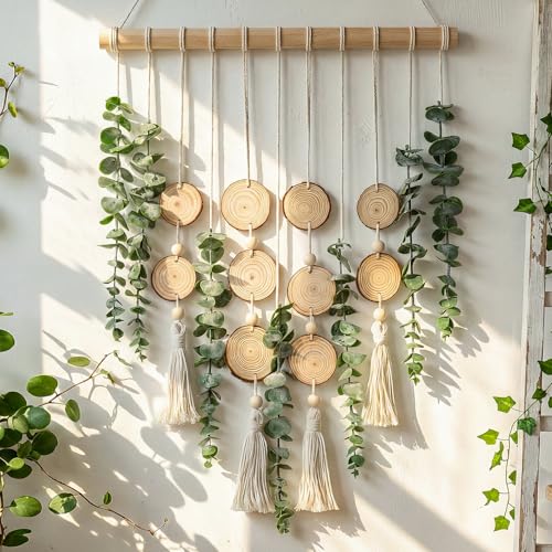Tempospark Fake Hanging Eucalyptus Wall Decor with Fake Greenery Leaves, Stems, and Wicker Ball, Artificial Eucalyptus Wall Hanging for Bathroom, Living Room, Bedroom Decor (24" L x 16" W)