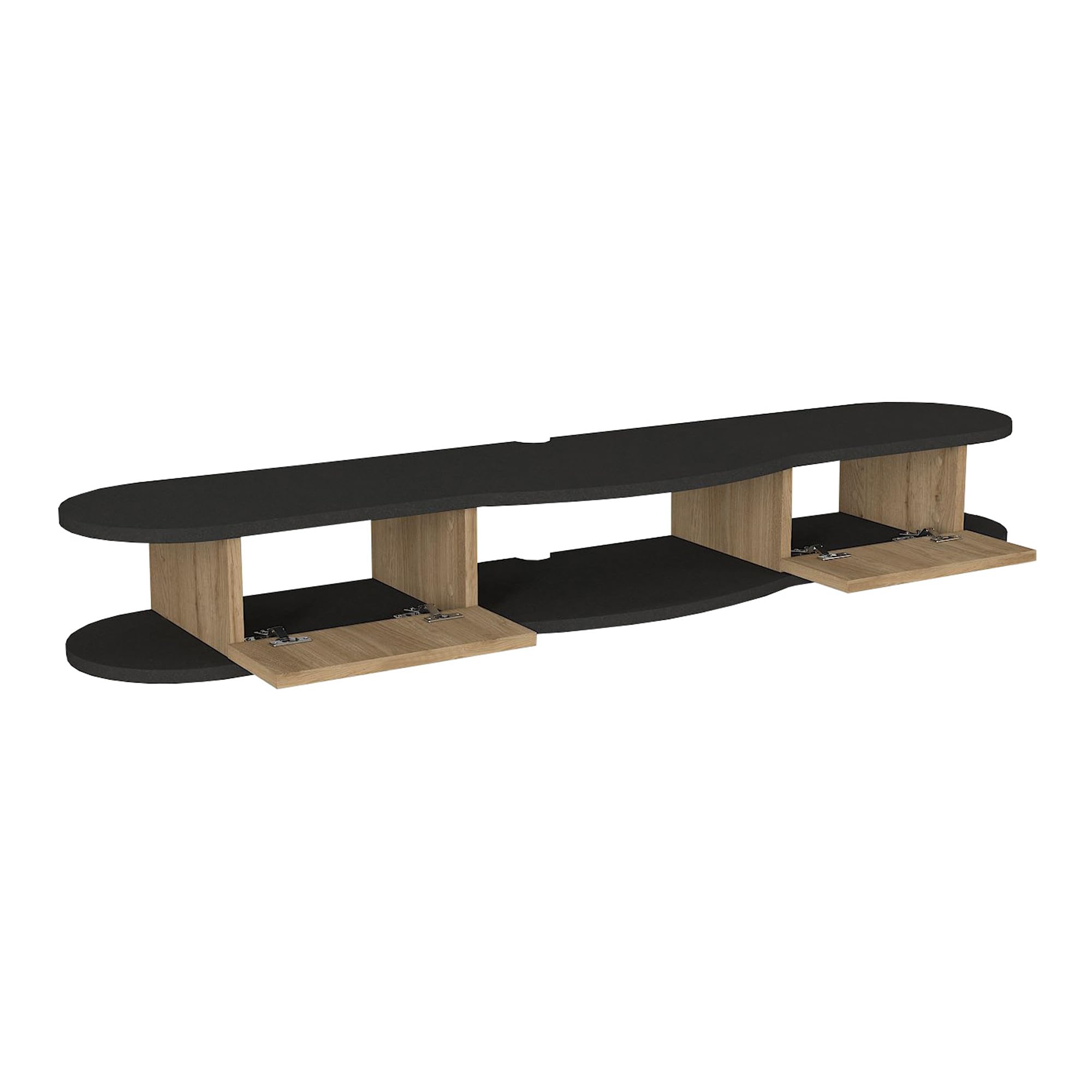 [en.casa] Mobile Porta TV da Parete a 2 Scomparti Chiusi da Ante a Ribalta Vano Aperto Mensola Sospesa Stand Multimediale con Fori Passacavi 150x35x19 cm - Antracite/Effetto Rovere