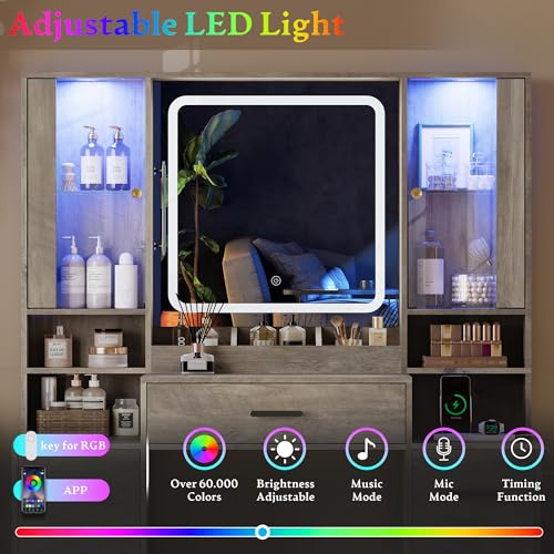 Image of HUANLEGO Makeup Vanity Desk with Mirror and LED Lights for Girls, Grey | Farmhouse Dressing Table Set for Women, LED Glass Cabinet, 7 Drawers, Power Outlet, Hair Dryer, 3 Lighting Modes
