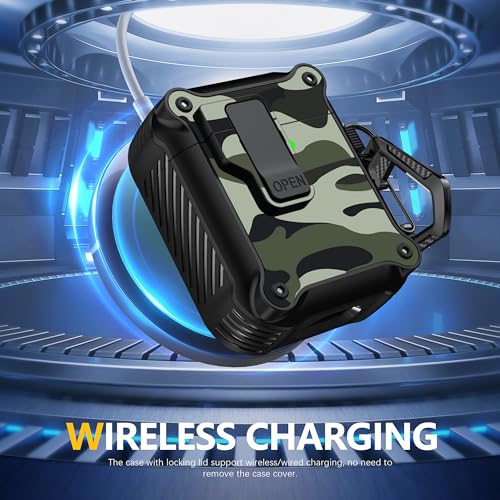 Image of RFUNGUANGO for Airpods 2nd and 1st Generation Protective Cases Automatic Pop-up with Safety Lock Clip, Full Body Shockproof Hard Case with Keychain (Cleaning Tool)-Green Camouflage