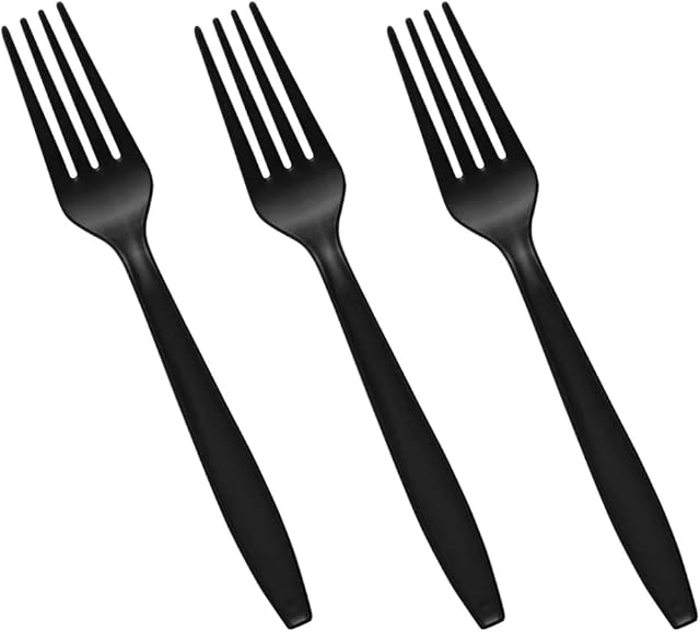 Venuscello® 50 x Black Fork Plastic Cutlery Set - Reusable & Washable, Heavy Duty Cutlery, Long Tablespoon - Ideal for Birthday, Parties, Camping & Catering