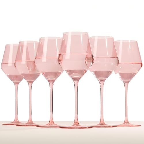 Colorsavant Elegant Pink Wine Glasses Set of 6 – Hand Blown Tulip Shape Long Stem Glassware – 15oz Pink Wine Glasses for Women, Wedding, Party, Bridesmaid Gift, Fancy Champagne or Rosé Goblets