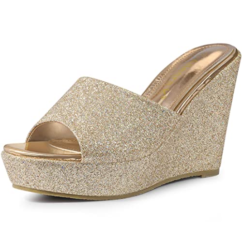 Allegra K Women's Glitter Platform Slip on Wedge Heels Sandals