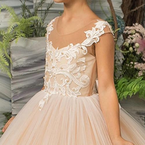 Cute Flower Girl Dress Scoop Neck Pearls Lace Applique Tulle Ball Gown Skirt Long Girls Formal Dress with Bow4