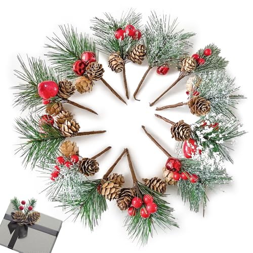 JRYXDS 10 Pezzi Rami Di Pino Artificiale Con Pigne E Bacche Rosse Bacche Di Natale Artificiale Rami Di Pino Di Natale Plettri Di Pino Artificiali Per Decorazioni Per Albero Di Natale E Fai Da Te