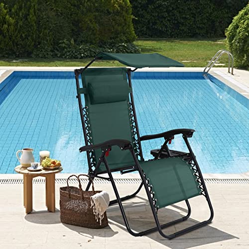 Abccanopy Zero Gravity Chair Adjustable Folding Reclining Patio Chair, Lounge Chair With Canopy, Removable Pillow And Cup Holder, (Forest Green) #TOP6