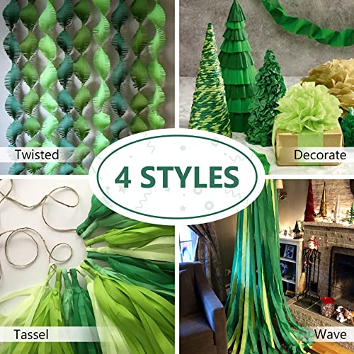 PartyWoo Flâmulas de Papel Crepe 4 Rolos de 328 Pés, Pacote de Tons de Papel Crepe Verde para Decora