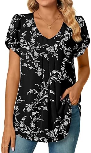 Bestbee Womens Dressy Chiffon Blouses Shirts V Neck Short Sleeve Tunic Tops Summer Casual T-Shirts with Pleated Strech, M, Black White Flower