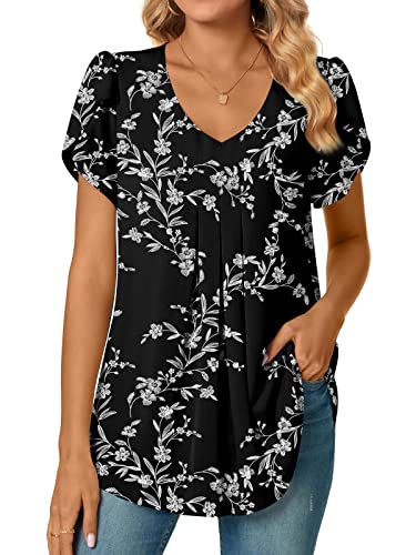 Bestbee Womens Dressy Chiffon Blouses Shirts V Neck Short Sleeve Tunic Tops Summer Casual T-Shirts With Pleated Strech, M, Black White Flower #TOP6