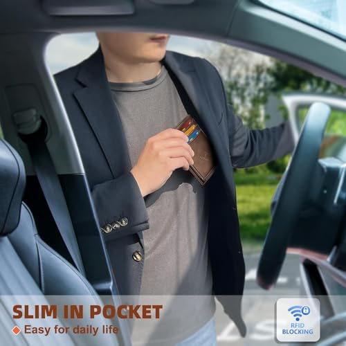 Image of Contacts RFID Blocking Magnetic Closure Slim Genuine Leather Front Pocket Wallet for Men Holds up to 12 Cards Including 1 ID Window Along with Money Clip (Brown)