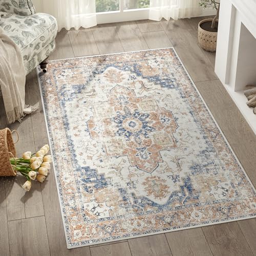 jinchan Area Rug 3x5 Washable Entryway Rug Vintage Indoor Doormat Distressed Thin Mat Lightweight Non-Slip Stain Resistant Low Pile Carpet for Kitchen