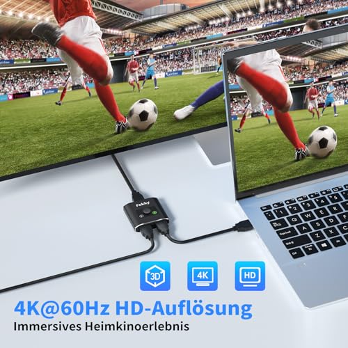 Fokky HDMI Switch HDMI Splitter 4K@60Hz, Aluminium Bidirektional HDMI Switch 2 in 1 Out oder 1 in 2 Out HDMI Verteiler, HDMI Switcher Unterstützt HD 4K 3D 1080P für Xbox PS4 HDTV Blu-Ray DVD