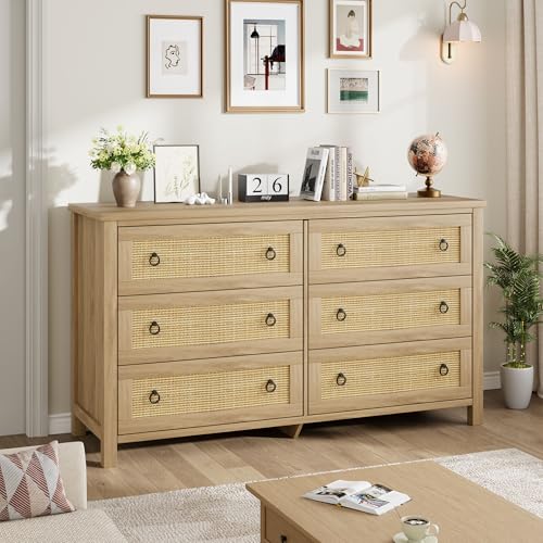 GarveeHome 6 Drawer Dresser for Bedroom, 47 in Wide Rattan Dresser,...