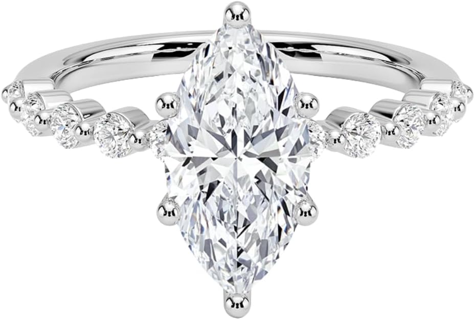 1-5 CT Marquise Cut Moissanite Engagement Ring with 0.22 CT Round Side Stones (10 Stones) in 10K/14K/18K Solid Gold or 925 Sterling Silver – Bezel Pave Band Bridal Ring for Women