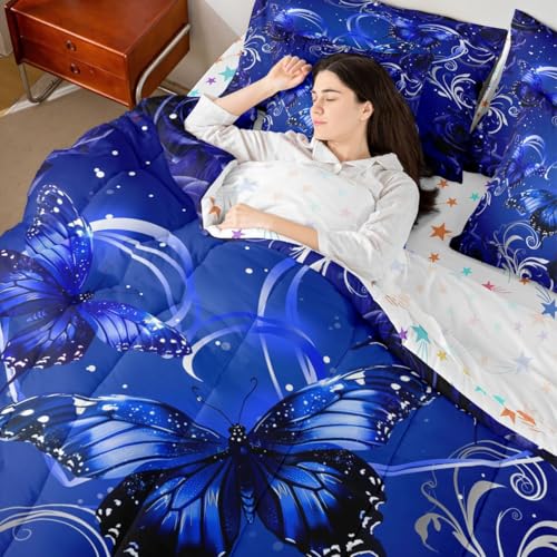 Image of Feelyou Cute Butterfly Comforter Set Twin Size 7 Pieces 3D Butterflies Bedding Set Kids Boys Girls Galaxy Dreamy Bed in a Bag with Comforter, Sheets, Pillowcases, Cushion Covers Glitter Rose Floral