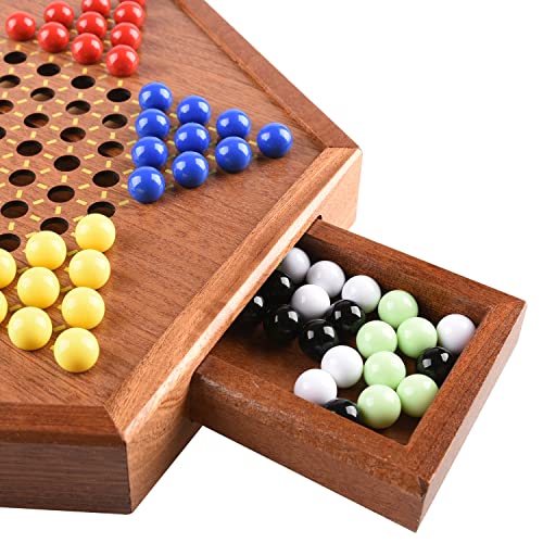 12.7 Inches Wooden Chinese Checkers With Drawers 12 Bonus Spare Marbles| Natural Wooden Board Game| Includes 60 Colorful Glass Marbles | Family Board Game For Kids And Adults #TOP5