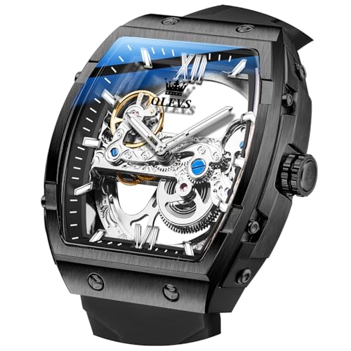Image of OLEVS Watch for Men Skeleton Automatic Tonneau Silicone Strap Business Luxury Waterproof Luminous Mechanical Men Wrist Watch