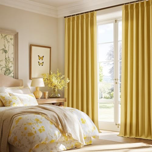 Image of Mustard Yellow Pinch Pleated Semi Sheer Linen Curtains 90 Inch for Bedroom | Living Room, Drapes, Light Filtering Privacy, Flax Textured, Hook Rings Memory Shape, Modern Boho, Golden Ochre, 90 inch Long