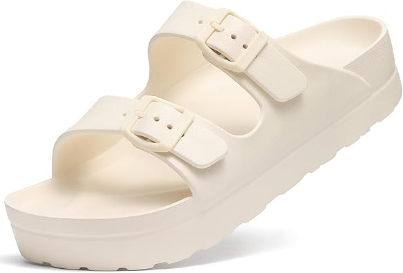 Goosecret Womens Platform Sandals with Arch Support Chunky Lightweight Foam Slip on Slides Comfortable Summer Beach Sandals with Adjustable Buckle Cream White, 41size 10