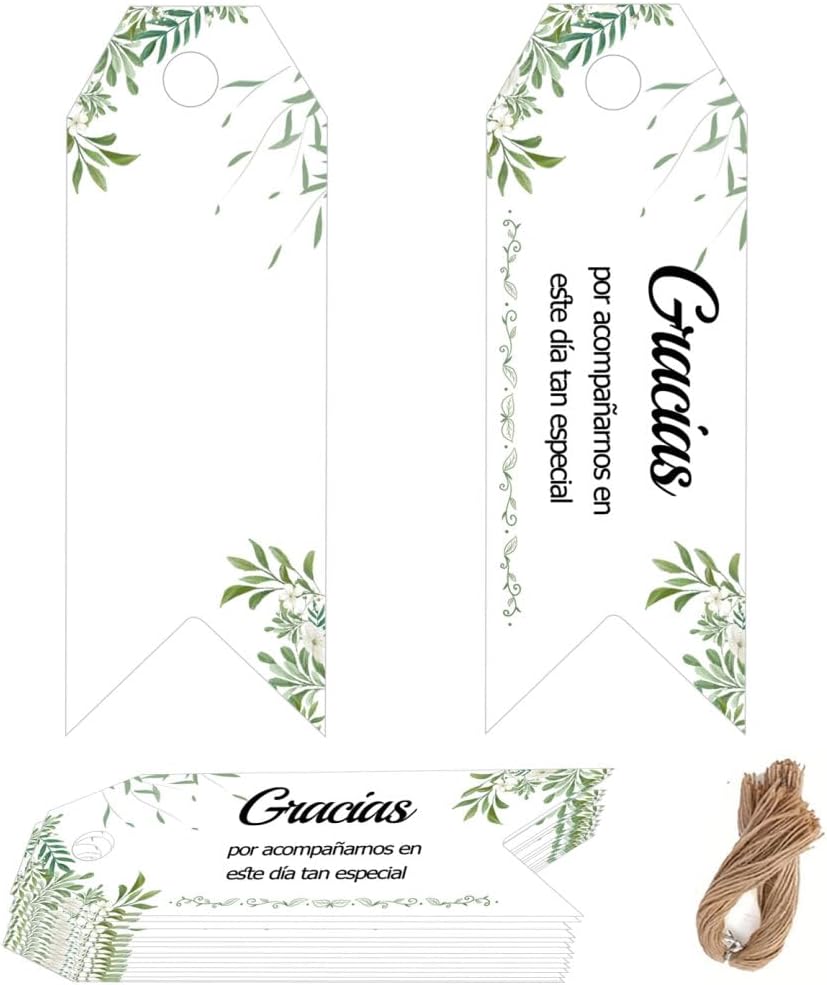 100 PCS Small Spanish Thank You Tags, 2.75x1 Inch Green Leaf Wedding Tags - Romantic Theme for Wedding Favors, Party & Thanksgiving Gift Packaging