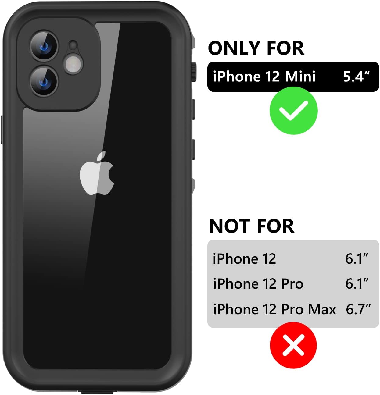 Protebox for iPhone 12 Mini Waterproof Case with Built-in Screen Protector, Shockproof Dustproof Full Body Protective IP68 Waterproof Phone Case for iPhone 12 Mini 5.4 inch (Black/Clear) image 2
