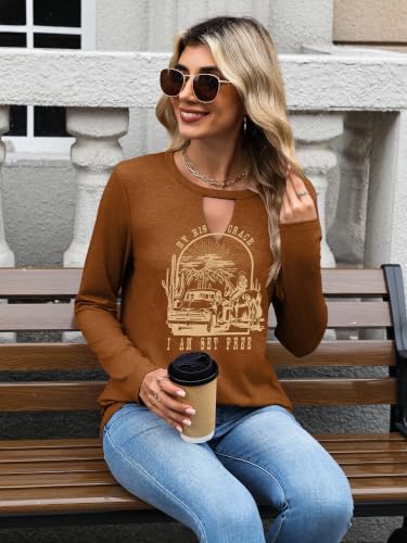 Binshre Cowboy Chic Keyhole Sexy V Neck Country Concert Tops for Women Vintage Western Rodeo Cowgirl Shirts Casual Long Sleeve Graphic Tees — view 3