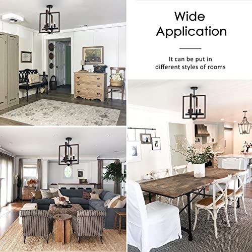Industrial Lantern Chandelier, 4-Light Vintage Rectangle Flush Mount Ceiling Light Fixture,Hand-Painted Graphite Finish Farmhouse Pendant Lighting Fixtures For Living Room Kitchen Island Foyer Hallway #TOP6