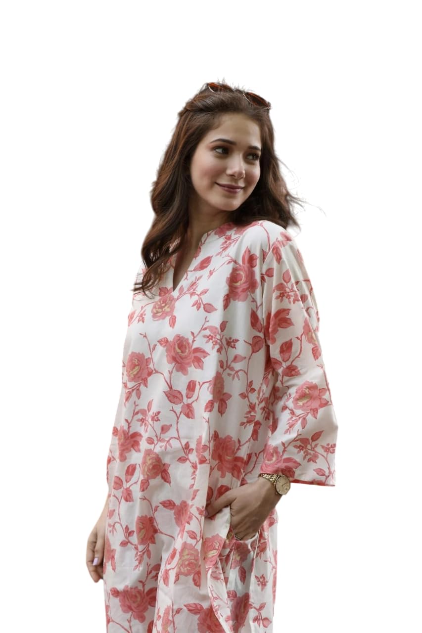 raya essence global llp Women's Rayon Floral Printed Straight Kurta with Pant co-ords (White Orange)-picture-22