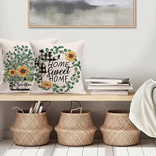 Yameeta Spring Sunflowers Throw Pillow Covers 18X18 Inch Set Of 4 Spring Summer Decorative Eucalyptus Garland Wreath Truck Buffalo Plaid Pillow Case Farmhouse Outdoor Cushion Cover House Couch Decor #TOP4
