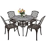 TITIMO 5pcs Cast Aluminum Patio Dining Sets,1 pcs 41" Round Table 4 pcs Chairs, with Umbrella Hole f