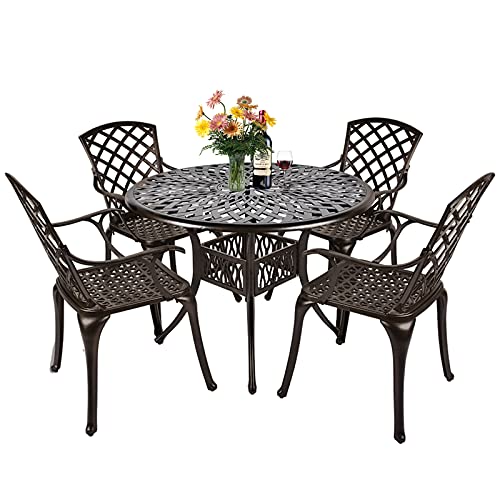 Titimo 5Pcs Cast Aluminum Patio Dining Sets,1 Pcs 41" Round Table 4 Pcs Chairs, With Umbrella Hole For Outdoor Lawn Garden (1 Round Table + 4 Chairs, Without Cushions) #TOP25