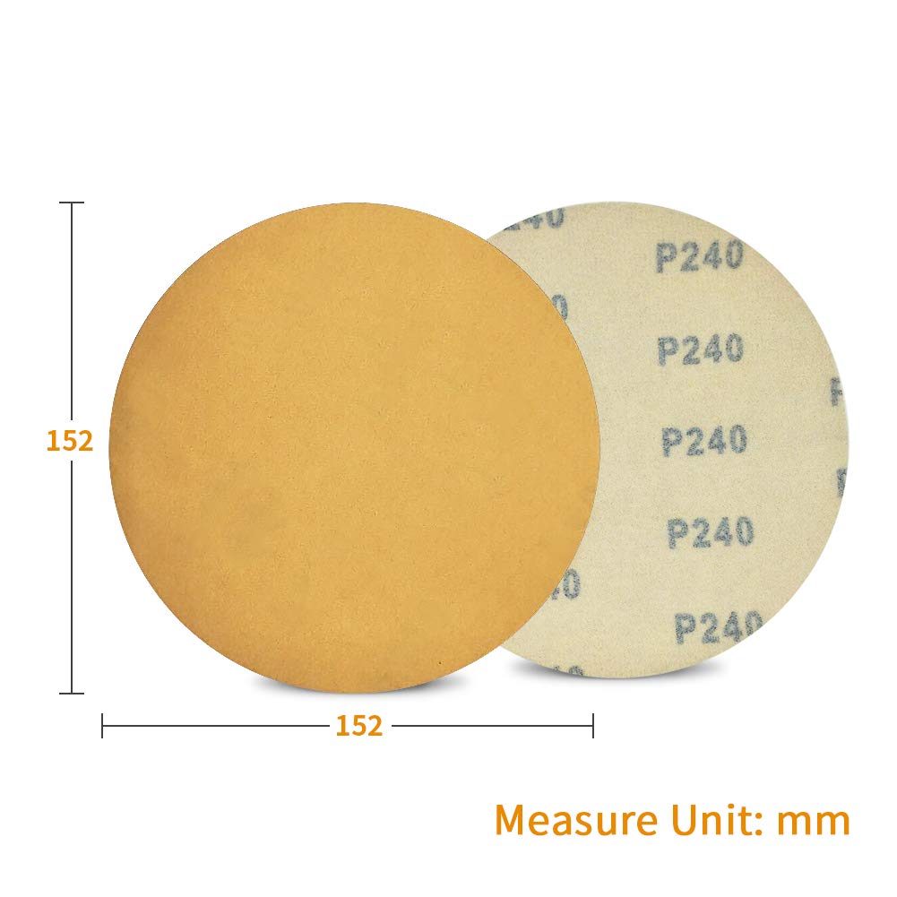 SPEEDWOX 100 Pcs 6 Inches Sanding Discs 240 Grit Dustless Hook and Loop Sandpaper for Random Orbital Sander Yellow Finishing Discs for Automotive Woodworking