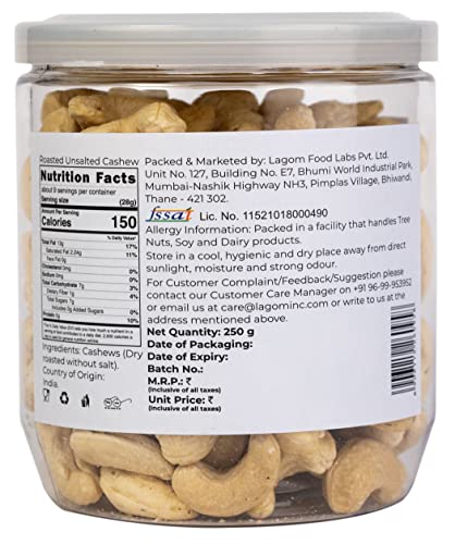 Image of Lagom Roasted Unsalted Cashew Nuts 250g | Dry Roasted Kaju | Small Batch, Crunchy & Buttery | No Preservatives | Vegan, Gluten Free, Non-GMO