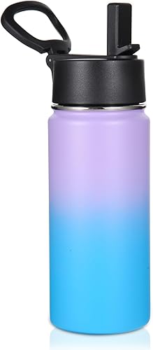Volhoply Botella de agua aislada para niños con popote, botellas de agua fría de acero inoxidable de 16 onzas para la escuela, vasos de boca ancha